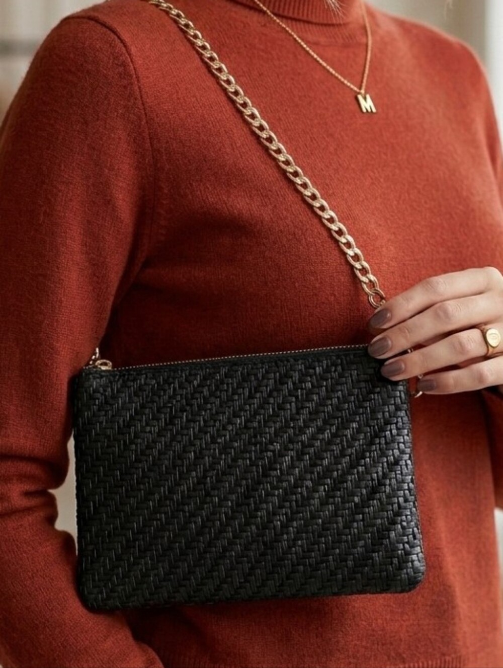 MERONA Black Woven Crossbody with Gold Chain 23" Long.